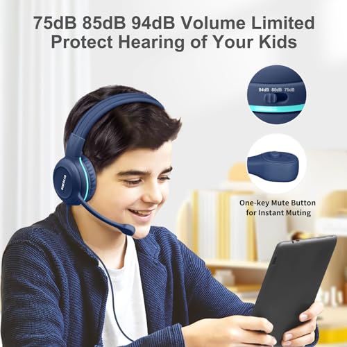 SIMOLIO Wired Headphones for School with Microphone, Stereo Kids Headphone with Flexible Swivel Boom Mic for Student K12 & Teacher & E-Learning, 3 Levels Volume Limiter Gaming Headsets for Boys, Girls