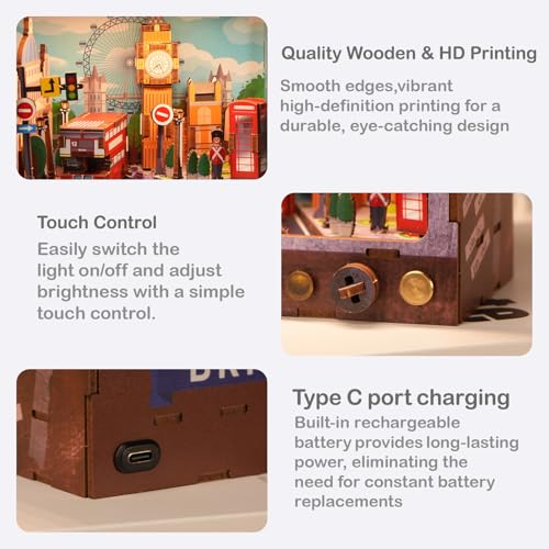 London Streets 3D Wooden Puzzle with LED Lights, DIY Craft Model Kit for Adults & Kids, Fun & Educational Building Set and Creative Home Decor Gift - style: London Streets