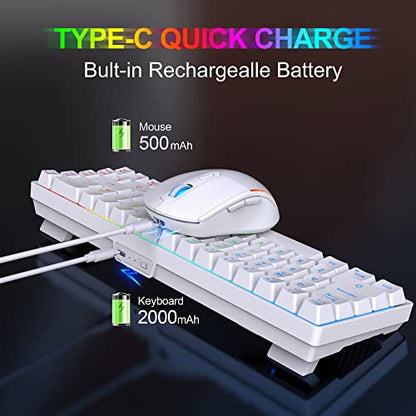 Snpurdiri 60% Wireless Gaming Keyboard and Mouse Combo,LED Backlit Rechargeable 2000mAh Battery,Mini Mechanical Feel Anti-ghosting Keyboard +Popular RGB Gaming Mice for PC Gamer (White) - color: White Combo