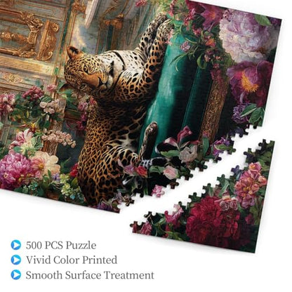 Vibrant Glamorous Leopard in Lush Floral Bath Space Wooden Jigsaw Puzzles for Adults 500 Pieces, Relaxing Escape from Daily Stress, Living Room Display Project, Party Game,Home Decor