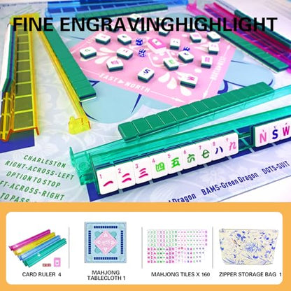 American Mahjong Game Set, Portable Carrying Bag,Acrylic 160 Tiles,Western Mahjong Tiles Set,Complete Ma Jong Set (Green) - color: Green