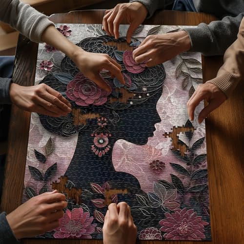 Impossible Puzzle for Adults 1000 Pieces, Black Girl Puzzles Flower Plant Aesthetic Art, Floral Elegant Black Woman Jigsaw Puzzle Paper Cut - style: Floral Silhouette Puzzle