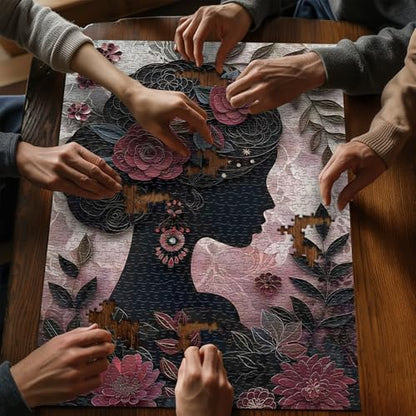 Impossible Puzzle for Adults 1000 Pieces, Black Girl Puzzles Flower Plant Aesthetic Art, Floral Elegant Black Woman Jigsaw Puzzle Paper Cut - style: Floral Silhouette Puzzle