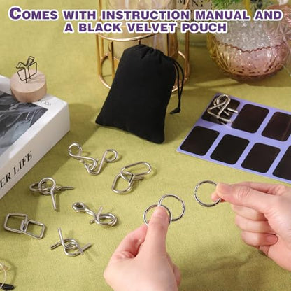 Metal Wire Puzzle Set of 8 with Pouch, Brain Teaser Puzzles IQ Test Ring Disentanglement Unlock Interlock Game Trick Metal for Party Favor Challenge(D Style) - style: D Style