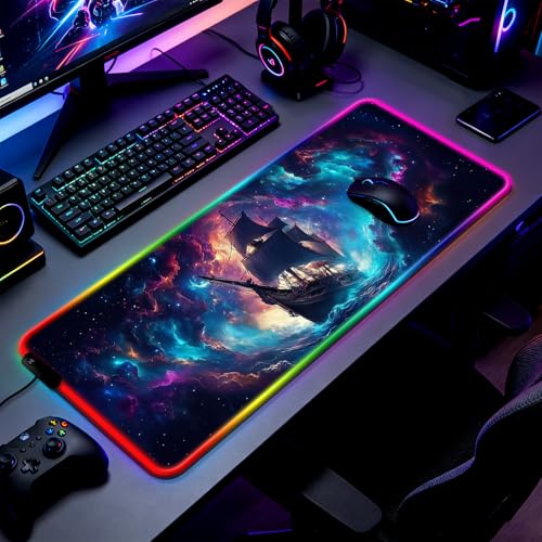 RGB Fantasy Pirate Ship Gaming Desk Mat, Computer Keyboard Large Extended Long LED Mouse Pad for Office and Home, XL (W01) - color: Rgb-w01