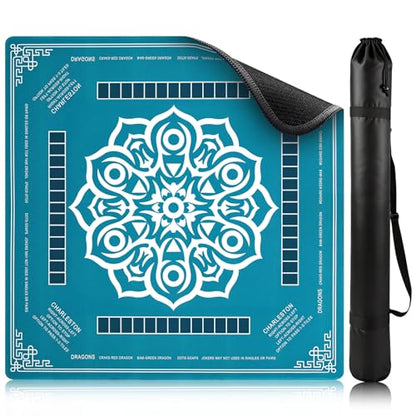 Mahjong Mat 31.5"x31.5" - Waterproof Mahjong Table Mat with Printed Rules | 33.4" Bag Fits Rolled Mat, Noise-Reducing & Anti-Slip Surface for Majong, Poker, Card Games - color: Green