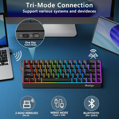 BlueFinger 60% Wireless Mechanical Gaming Keyboard, Bluetooth/2.4G/USB-C Hot Swappable RGB Backlit Keyboard with Side-Printed PBT Keycaps, for MAC Xbox PC PS5 (Black) - color: Black