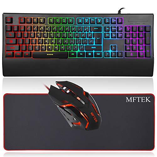 MFTEK RGB Rainbow Backlit Gaming Keyboard, XXL Extended Large Gaming Mouse Pad, LED Lighted Wired Gaming Mouse, Programmable Gaming Keyboard and Mouse Combo for Working