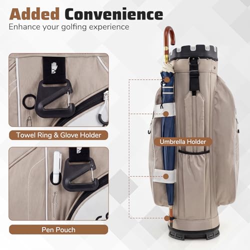 Goplus Lightweight Golf Cart Bag, Molded Lock Top Golf Club Bag w/14-Way Full Length Organizer Dividers, 11 Pockets, Cooler Bag, Straps, Umbrella Holder & Rain Hood for Men Women - color: Khaki+White