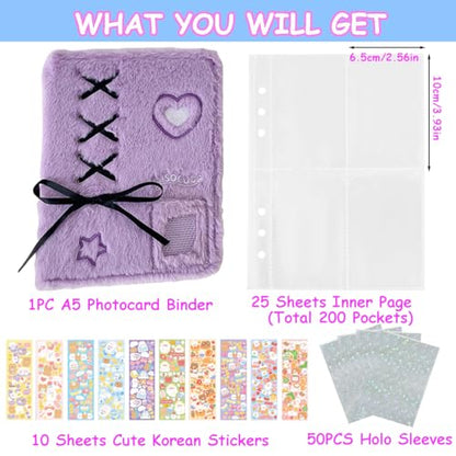 Kpop Photocard Binder A5 Kpop Photocard Holder Book with 50pc Holographic Photocard Sleeves&10 Korean Stickers, 6 Ring A5 Binder Photocard Album 25 Inner Pages with 200 Pocket(Purpleplush) - color: Purpleplush