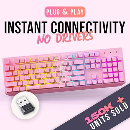 KLIM Chroma Pink Wireless Keyboard – RGB Backlit, Rechargeable Battery, Wireless Keyboard with Water-Resistant Durable Design, Compatible with PC, Mac, PS4, PS5 - color: Pink
