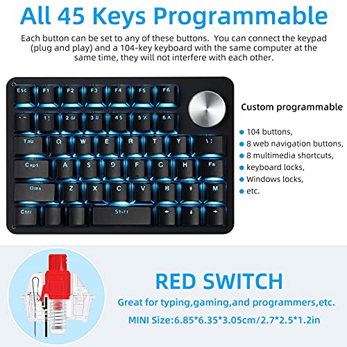 Koolertron One Handed Mechanical Gaming Keyboard with 24 Macro Keys, 45-Key Fully Programmable Mini Keypad, Blue Backlit/Red Switches for Windows PC Gamers - style: 45 Keyboard /Red Switch