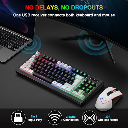 BlueFinger Wireless Gaming Keyboard and Mouse Combo, RGB Rainbow Backlit Rechargeable Battery, 87 Keys TKL Light Up Keyboard with Ergonomic Gaming Mouse for Mac Laptop Computer PC Gamer(White & Black) - color: White & Black