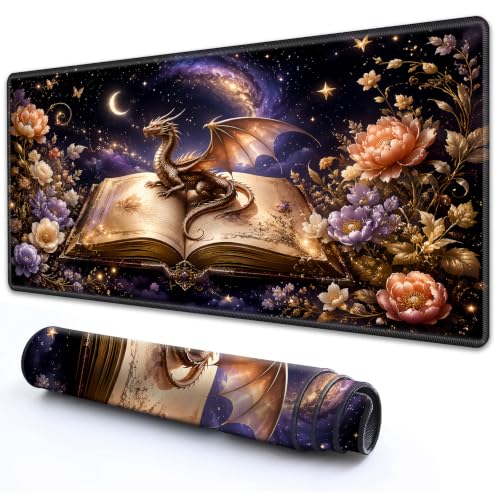 for TCG MTG Commander Playmat 24 x 14 Inch Trading Card Game Mat | Thick Non Slip Rubber Playmat With HD Fade Resistant Printing for All Card Games, Golden Dragon Magic Book Galaxy - color: Golden Dragon Magic Book Galaxy, size: 24" x 14"