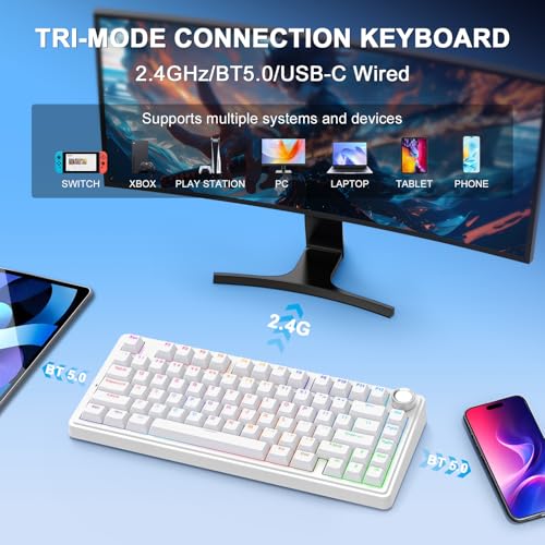 AULA F75 - 75% Mechanical Keyboard, Wireless Gaming keyboard BT5.0/2.4GHz/USB-C, Hot Swappable Custom Pre-lubed Switches with Knob, RGB Backlit Shine-Through PBT Keycaps Creamy Sounding Keyboard - color: White