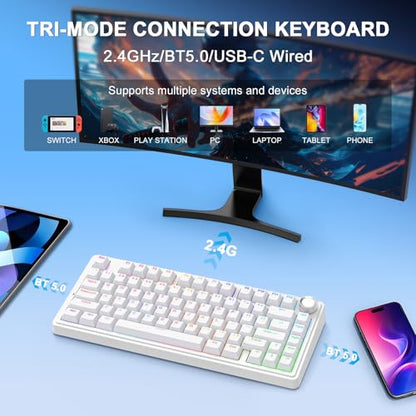 AULA F75 - 75% Mechanical Keyboard, Wireless Gaming keyboard BT5.0/2.4GHz/USB-C, Hot Swappable Custom Pre-lubed Switches with Knob, RGB Backlit Shine-Through PBT Keycaps Creamy Sounding Keyboard - color: White
