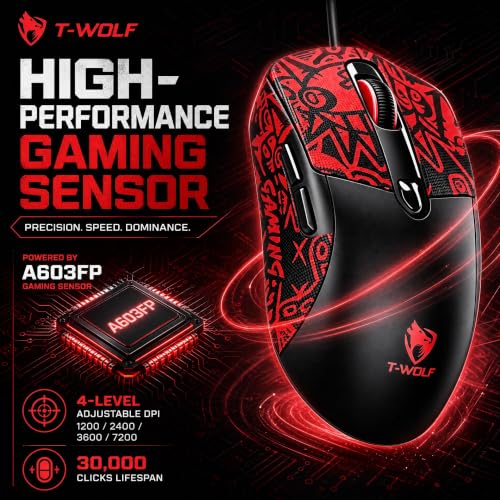 Wired Gaming Mouse, 7200 Adjustable DPI, 6 programmable Buttons, 3 Million-Click lifespan, 1.5-Meter Braided Cable, red Non-Slip Grip pad—for PC Gaming and Office use