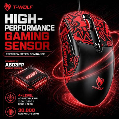 Wired Gaming Mouse, 7200 Adjustable DPI, 6 programmable Buttons, 3 Million-Click lifespan, 1.5-Meter Braided Cable, red Non-Slip Grip pad—for PC Gaming and Office use