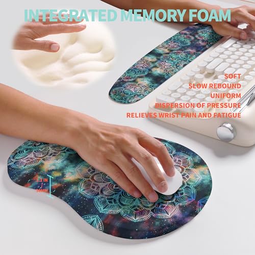 2-in-1 Ergonomic Set, Wave Rise Keyboard Wrist Rest and Massage Bulge Slope Mouse Pad Wrist Support, Cushion Memory Foam Integrated to Relieve Wrist Pain, Galaxy Mandala - color: Galaxy Mandala