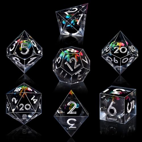 AUSTOR 7 Die DND Dice Set 7 Pieces Colourful Skull Dice DND Resin Role Playing D and D Dice D20 D12 D10 D8 D6 D4 Sharp Edge Dungeons and Dragons Dice with Case - color: Colourful Skull