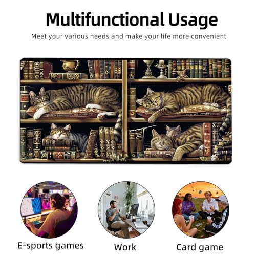 for MTG Playmat TCG Card Game Mat with Stitched Edges,Board Game Mats Non-Slip Waterproof Rubber Base 24 x 14 inch for CCG RPG DTCG Trading Card,Cats Books Shelves - color: Cats Books Shelves