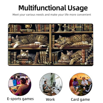 for MTG Playmat TCG Card Game Mat with Stitched Edges,Board Game Mats Non-Slip Waterproof Rubber Base 24 x 14 inch for CCG RPG DTCG Trading Card,Cats Books Shelves - color: Cats Books Shelves