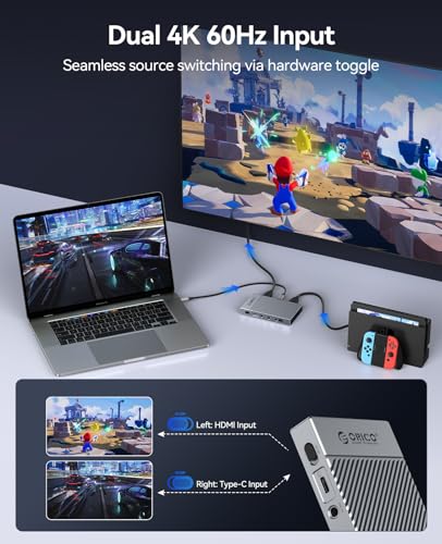 ORICO IS6 4K Portable HDMI Capture Card for Streaming, Dual 4K@60Hz Inputs, USB C Game Capture Card with Audio Ports Compatible with PS5, Xbox, Switch, OBS Recording, Works on PC, Mac, Laptop, iPad