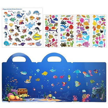 ASTARON Reusable Sticker Book for Toddlers, 88 Pcs Ocean Stickers Road Trip Activities Car Airplane Activities Travel Toys for Kids, Kids Quiet Time Activities (2-6 Age) - style: Ocean animals