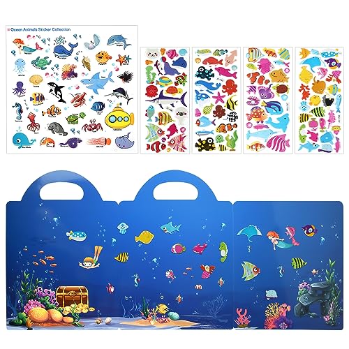 ASTARON Reusable Sticker Book for Toddlers, 88 Pcs Ocean Stickers Road Trip Activities Car Airplane Activities Travel Toys for Kids, Kids Quiet Time Activities (2-6 Age) - style: Ocean animals