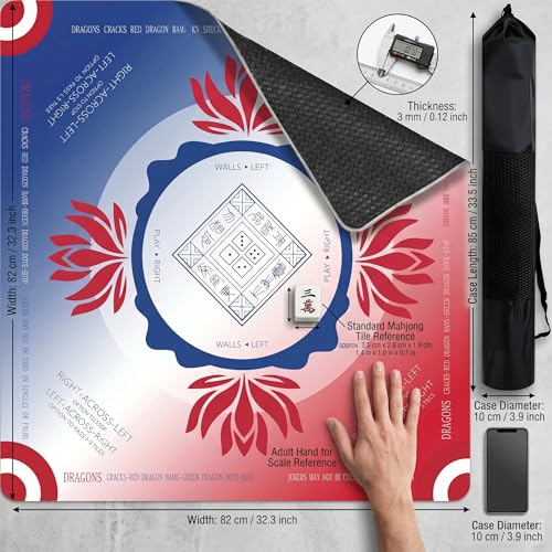 Mahjong Mat 2025 Upgraded No-Crease & No Odor Design, 32.3 Inch with Waterproof Velvet, Non-Slip PU Silicone, Lightweight for Noise Reduction, Includes Printed Rules for Tiles and Cards (Red-Blue) - color: Red-blue