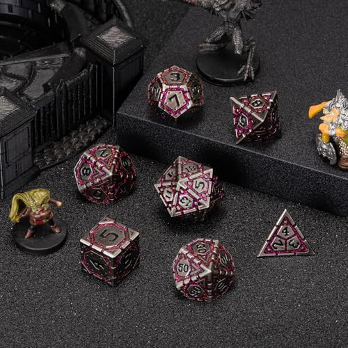 Metal DND Dice Set, Polyhedral Metallic Dice with Cracks for Dungeons and Dragons RPG TTRPG D&D 7-Die Set with Gift Case - color: Ancient Nickel Rose Red