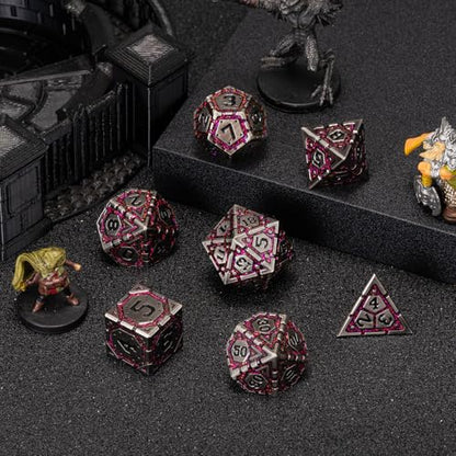 Metal DND Dice Set, Polyhedral Metallic Dice with Cracks for Dungeons and Dragons RPG TTRPG D&D 7-Die Set with Gift Case - color: Ancient Nickel Rose Red