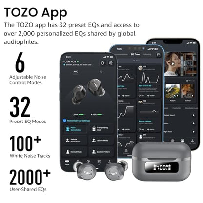 TOZO NC9 Hybrid Active Noise Cancelling Wireless Earbuds, 60H, LED Display | 6 Mic ENC Clear Calls, Deep Bass Sound, IPX8 Waterproof, in Ear Bluetooth 5.3 Headphones,32 EQs via APP, Comfort Fit Ear Buds - color: Gray