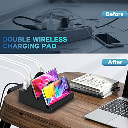 Wireless Charging Station with 6 USB Ports, 8 in 1 15W Dual Wireless Charger Station, 2 QC/2 PD USB Fast Charging Station, 80W Phone Charger for iPhone14/13/12/11/X/Samsung/Android/iWatch