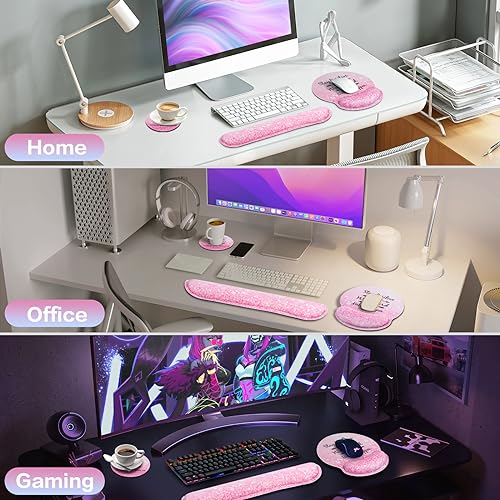 Mouse Pad with Wrist Rest Set Pink, 3-in-1 Wrist Support Mousepad Set,Gaming Mat Pad with Anti-Skid Base,Ergonomic Mouse Pad,Memory Foam Keyboard Gel Wrist Rest - color: Pink Particle