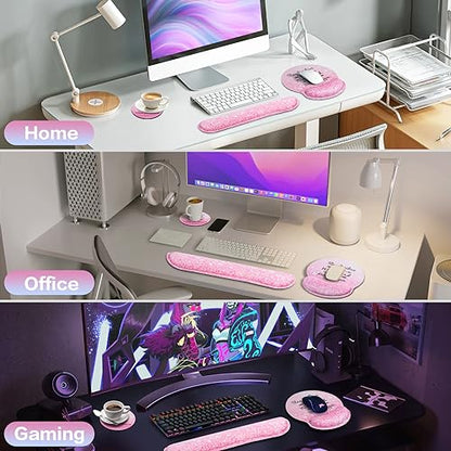 Mouse Pad with Wrist Rest Set Pink, 3-in-1 Wrist Support Mousepad Set,Gaming Mat Pad with Anti-Skid Base,Ergonomic Mouse Pad,Memory Foam Keyboard Gel Wrist Rest - color: Pink Particle