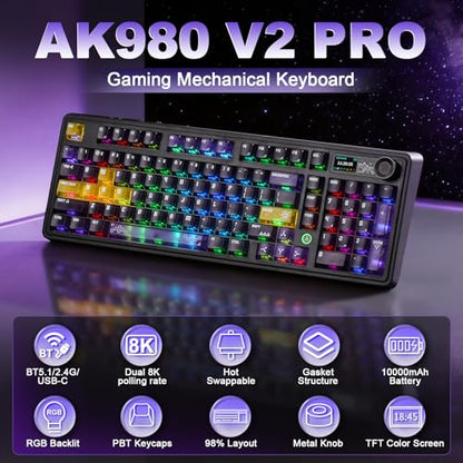 AJAZZ AK980 V2 Pro Mechanical Keyboard, 10000mAh Battery & Dual 8K Tri-Mode Gaming Keyboard with LCD Screen & Metal Knob, Hot Swappable Creamy Keyboard,for Win/Mac(Purple,Lychee Switch) - color: Purple