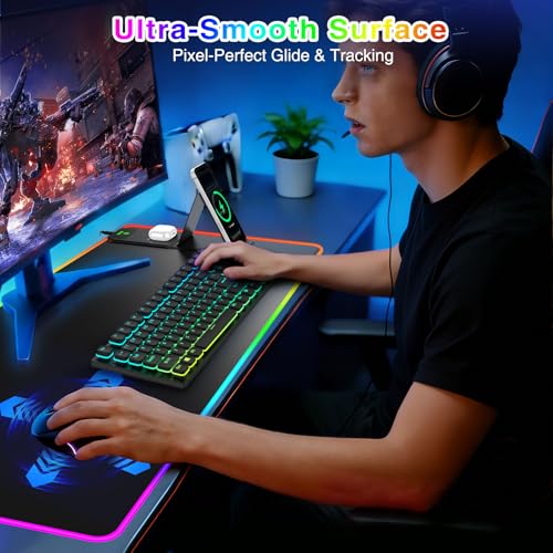 RGB Gaming Mouse Pad with Magnetic Wireless Charging & Foldable Phone Stand | 31.5"x15.8" XXL Large LED Mousepad with Stitched Edges, Ultra-Smooth Waterproof Surface, 25 Lighting Effects, Non-Slip Base - color: RGB-Magnetic Stand-31.5"x15.8"-Right