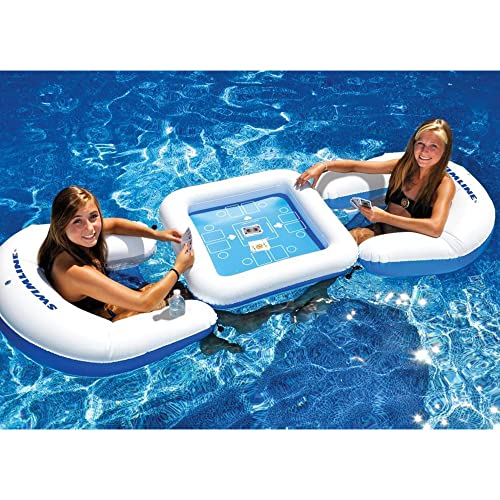 SWIMLINE ORIGINAL Inflatable Game Table Station With Waterproof Playing Cards & Two Inflatable Sling Chairs W/ CupHolders | Double Sided Game Set | Poker & Card Games | Chess & Checkers - style: Game Station Combo W/ Waterproof Cards