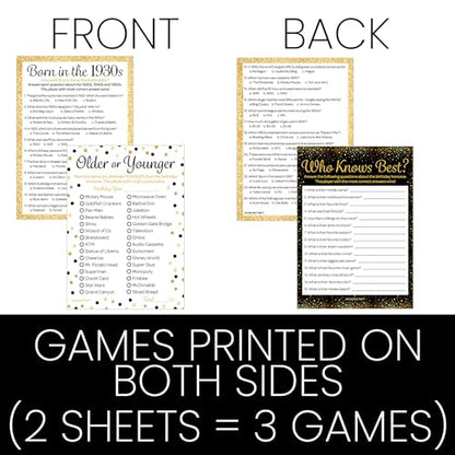 Black and Gold 90th Birthday Games Set, Born in the 1930s, 20 Guests | 5" x 7" Dual-Sided Cards, Who Knows Best, Older or Younger, and 1930s Trivia Games, Answer Keys Included - color: Black and Gold