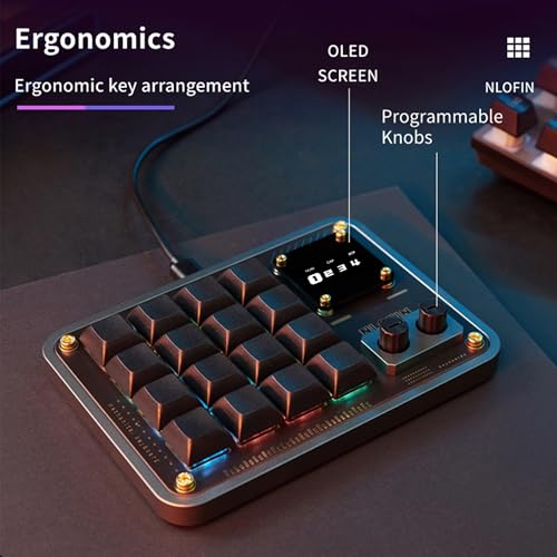 Double Knob Custom Macro Pad Programmable Designer Mini Keyboard 16 Keys with Screen (Black,KB16) - color: Black, size: 16-Key