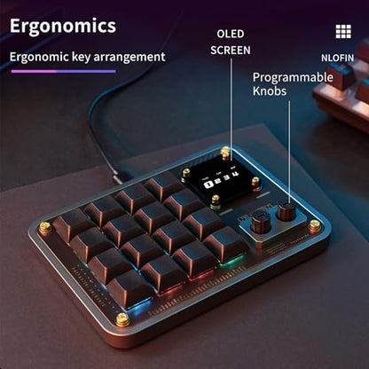 Double Knob Custom Macro Pad Programmable Designer Mini Keyboard 16 Keys with Screen (Black,KB16) - color: Black, size: 16-Key