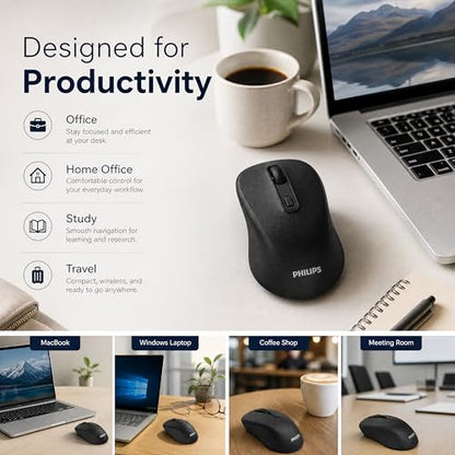 PHILIPS Bluetooth Wireless Mouse, Wireless Mouse for Laptop, Silent Click | Ergonomic Grip, 3-Level DPI, Bluetooth&2.4G Dual Mode, USB Nano Receiver, for Office, Home, Windows, macOS Compatible