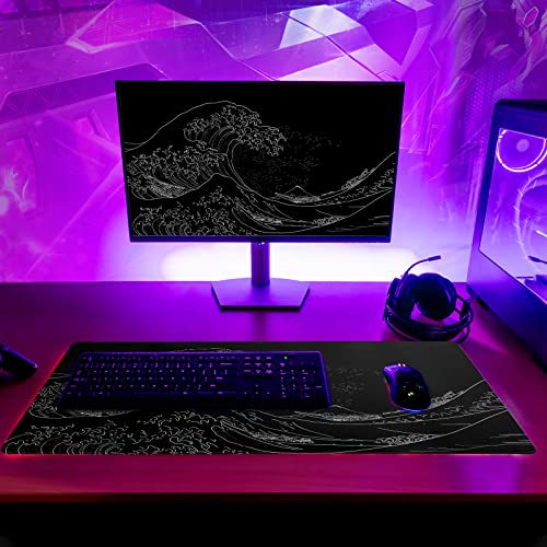 Brecoy Japanese Sea Wave Large Mouse Pad, Anime Black Gaming, Extended Kanagawa Mat Desk Pad, 3mm Thick Long Non-Slip Rubber Base Mice Pad, 31.5 X 11.8 Inch - color: Black Wave of Kanagawa