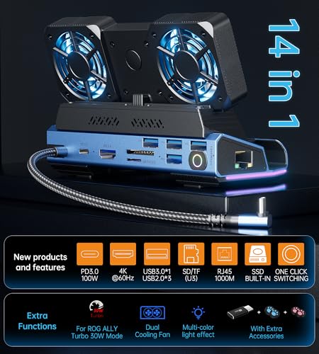 Legion Go/ROG Ally/Steam Deck Dock - 14-in-1 Docking Station Dismantling Dual Cool Fans Steam, M.2 NVMe Enclosure,4K@60Hz,4 USB Ports,100W PD Charging, Gigabit Ethernet Fit for Steam Deck - color: 14 in 1