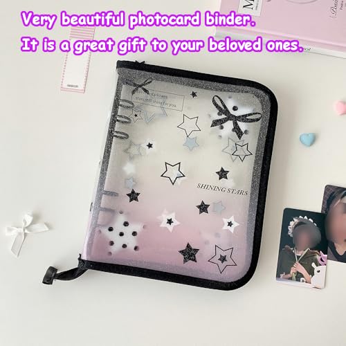 Kpop Photocard Binder Kpop Photocard Holder Book with 50pcs Holographic Photocard Sleeves&10 Korean Stickers, 6 Ring A5 Binder Photocard Album 25 Inner Pages with 200 Pockets (Black Heart) - color: Black Heart