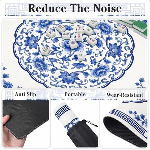 Britimes Mahjong Mat with Black Carrying Bag,31.5"x31.5", Floral Oriental | Blue Non-Slip Noise Reduction Gaming Mat Rubber Multi Purpose Game Table Cover for Mahjong Card Dominoes Board Tile Games - color: Blue Flowers