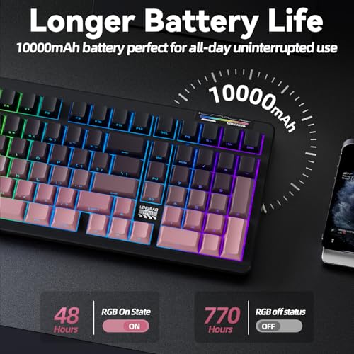 LINGBAO K98 - 96% Wireless Mechanical Keyboard, Tri-Mode BT5.0/2.4GHz/USB-C, Creamy Keyboard with Number Pad, Gasket Hot Swappable Linear Switches RGB Backlit Gaming Keyboards for Win/Mac/PC, (Pink) - color: K98 | 10000mAh | Gradient Black Pink