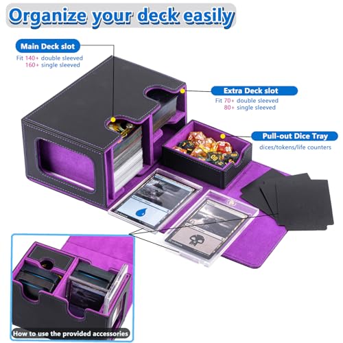 MTG Deck Box for Commander with Dice Tray,Designed for MTG Commander | Card Deck Box Fits 200+ Double Sleeved Cards,Card Storage Box with 3 Dividers 2 card holder - color: Purple