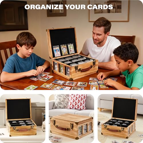 Poyilooo Classic Brown Wooden Graded Card Storage Box with Display Window, Holds 140+ Cards, 14.2 x 11.3 x 6.5 inches, Sports Card Case - color: Brown